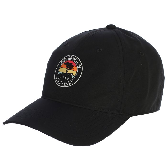 Black cap with a colorful sunset and pebble beach logo on a white background