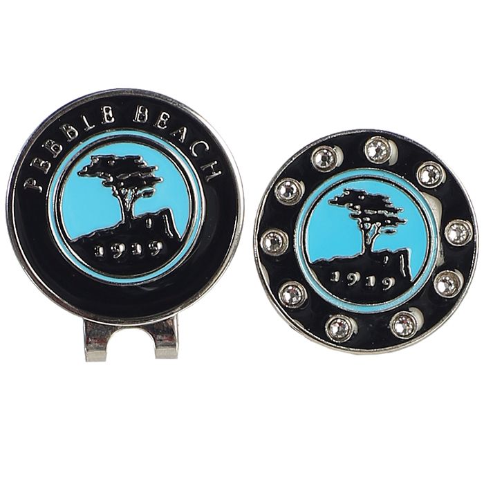Baby blue hat clip and golf ball marker with 'Pebble Beach' design on a white background