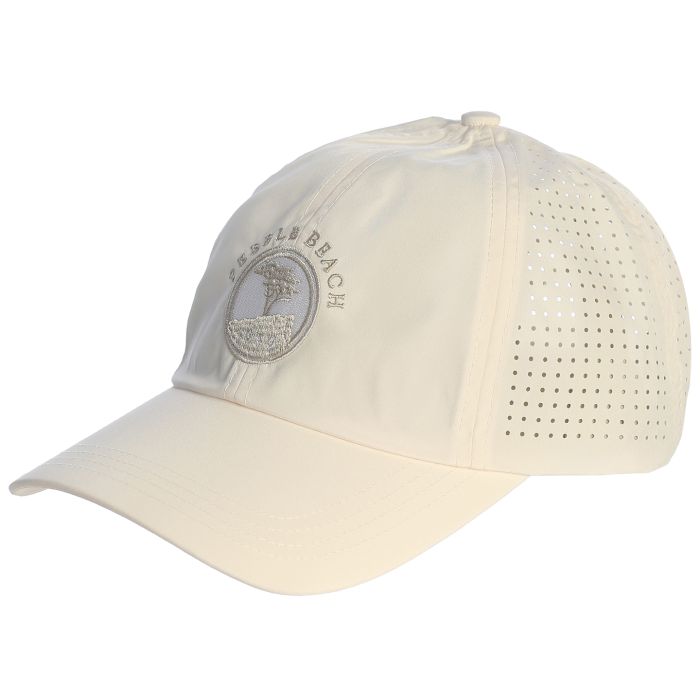 Off white baseball cap with a pebble beach logo on a white background