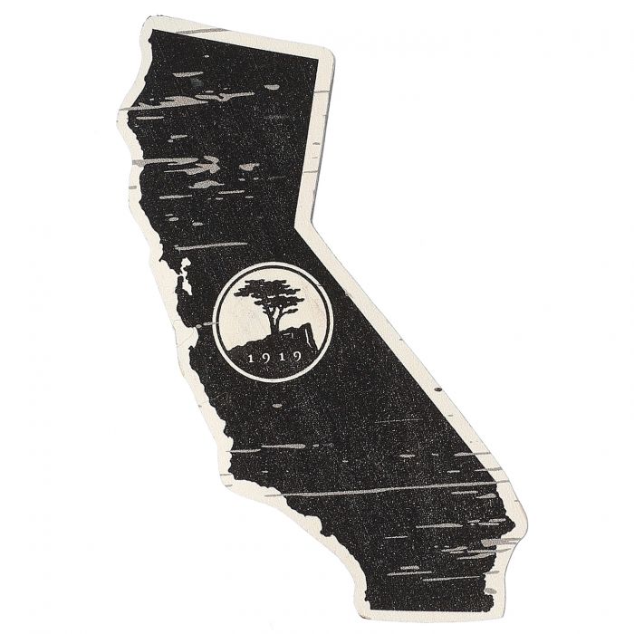  Black magnet of a outline of California with a pebble beach logo in the center on a white background