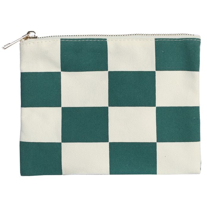 Checkered pouch with green and white squares on a white background
