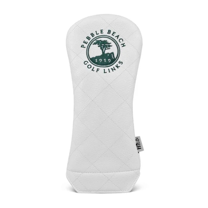 White driver golf club head cover with Pebble Beach Golf Links logo in green on a white background