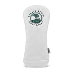 White driver golf club head cover with Pebble Beach Golf Links logo in green on a white background