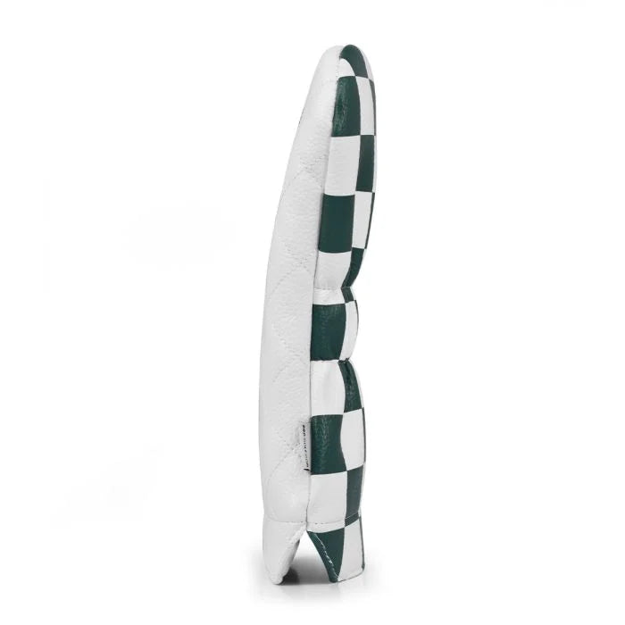 Checkered green and white driver head cover on a white background