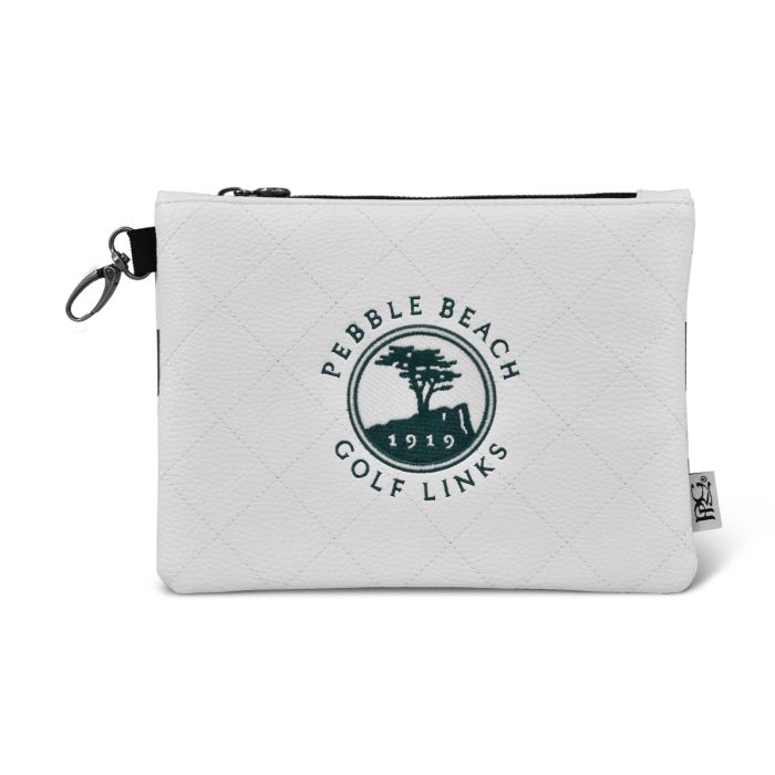 White quilted pouch with a green Pebble Beach Golf Links logo on a white background
