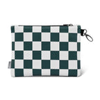 Checkered pouch with green and white pattern on a white background