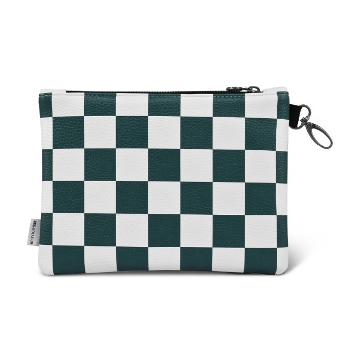 Checkered pouch with green and white pattern on a white background