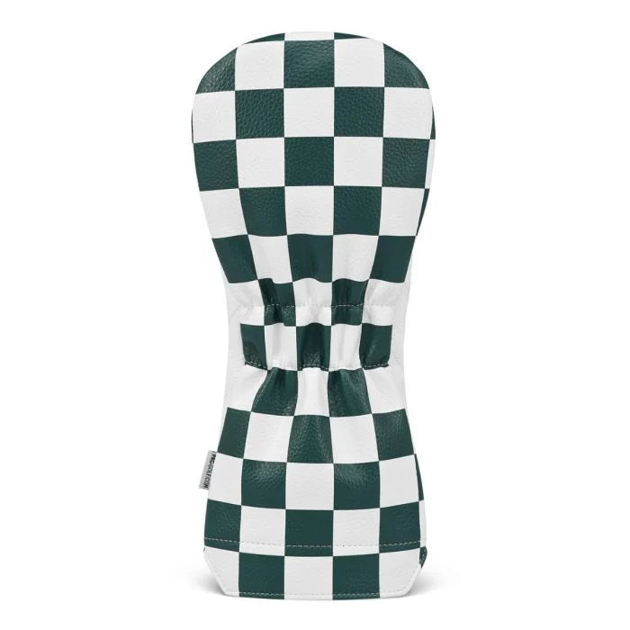 Green and white checkered fairway head cover on a white background