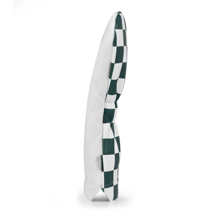 Checkered green and white fairway club cover on a white background