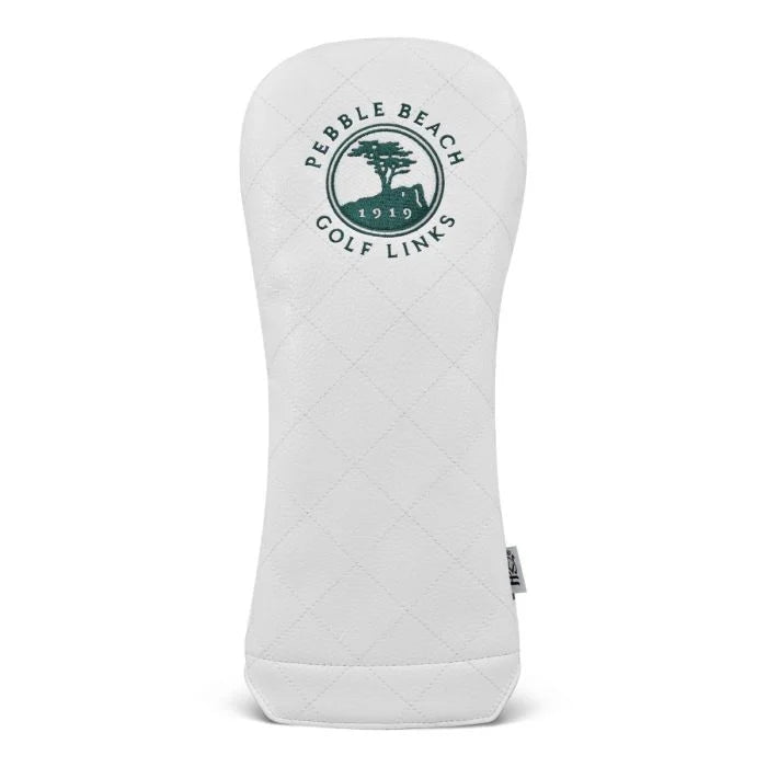 White golf club fairway head cover with Pebble Beach Golf Links logo in green on a white background