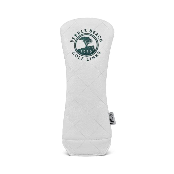White golf rescue head cover with Pebble Beach Golf Links logo in green on a white background