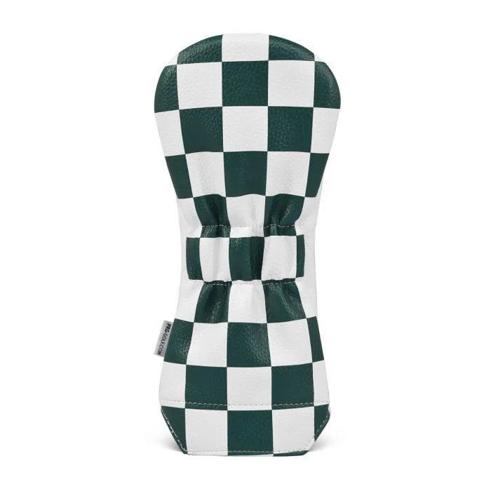 Green and white checkered driver club head cover on a white background