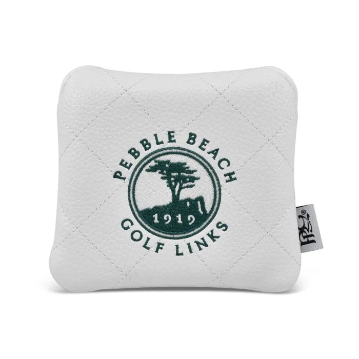 White quilted mallet putter cover with a green pebble beach logo on a white background.