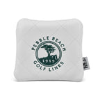 White quilted mallet putter cover with a green pebble beach logo on a white background.