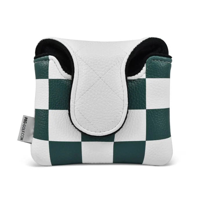 Checkered green and white mallet putter head cover on a white background