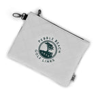 White quilted pouch with Pebble Beach Golf Links logo in green on a white background