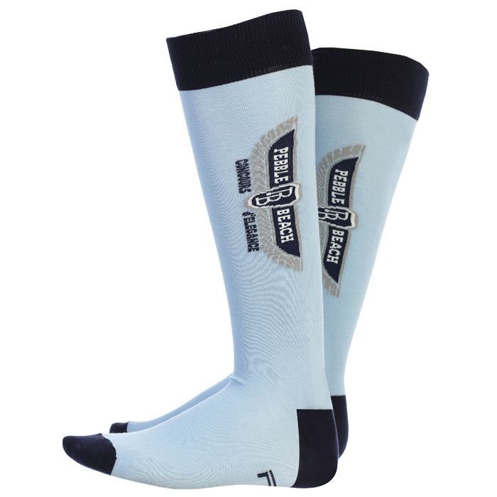 Light blue sock with black accents an a pebble beach concours de elegance logo on a white background