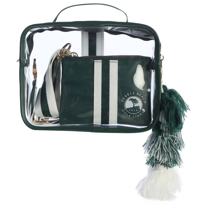 Clear bag with green accents and green and white tassels on a white background