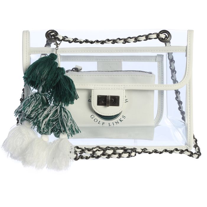 Clear handbag with white accents and green and white tassels on a white background