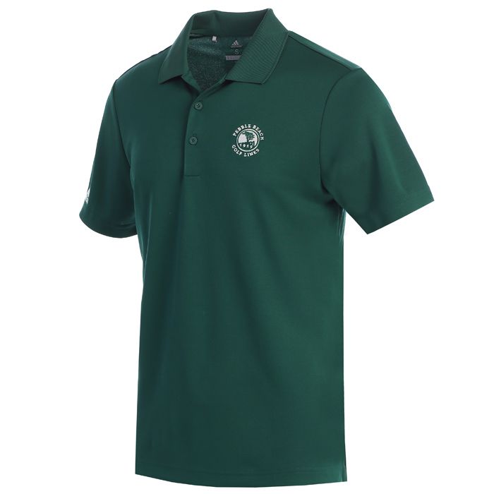 Green polo shirt with a Pebble beach logo on the chest on a white background