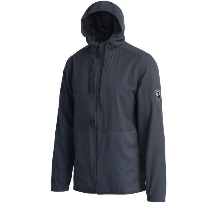 Blue raincoat with a hood on and Pebble Beach logo on sleeve on a white background