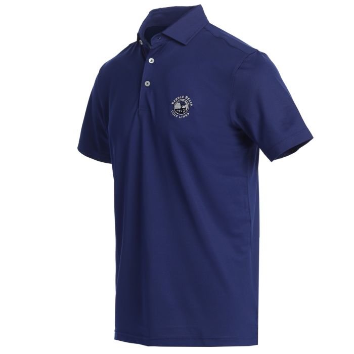 Navy blue polo shirt with a Pebble Beach logo on the chest against a white background