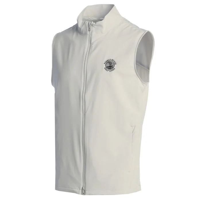 White sleeveless vest with a grey pebble beach golf links logo on a white background