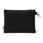 Back of black leather pouch with a zipper on a white background
