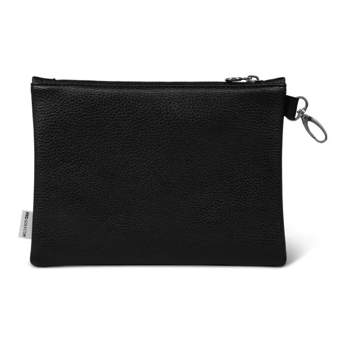 Back of black leather pouch with a zipper on a white background