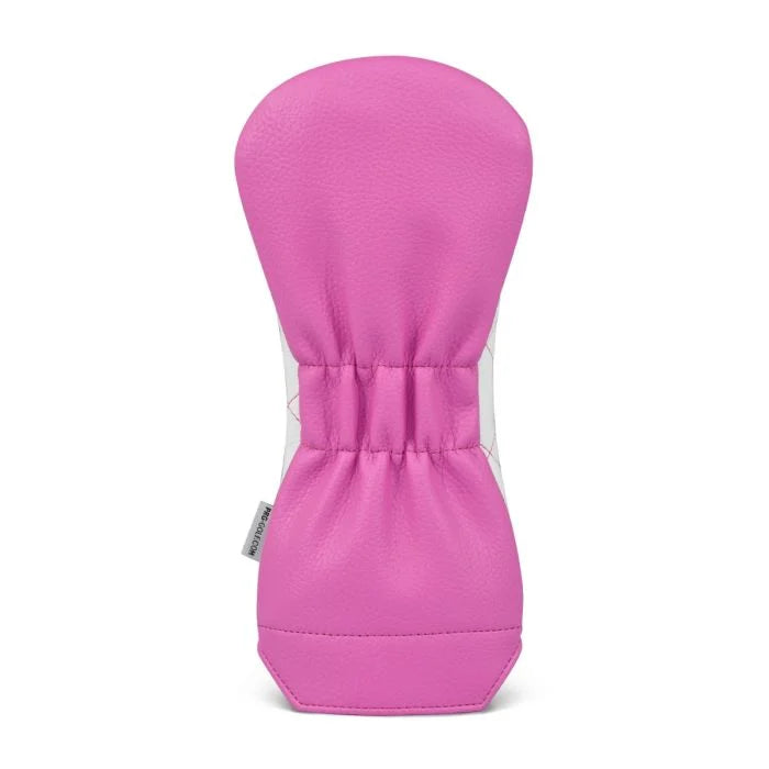 Pink and white quilted Fairway head cover on a white background