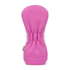 Pink and white quilted Fairway head cover on a white background
