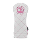 Pink and white quilted Fairway head cover with a pink pebble beach golf links logo on a white background.