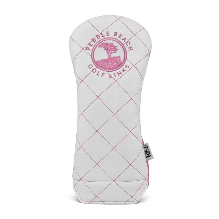 Pink and white quilted Fairway head cover with a pink pebble beach golf links logo on a white background.