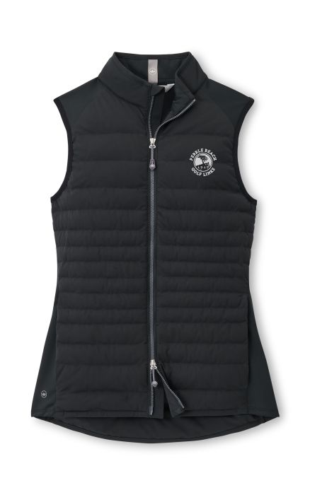 Black puffer vest with a white pebble beach golf links logo on a white background