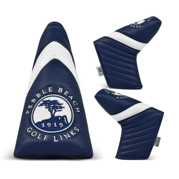 Navy blue golf club blade head cover with white stripe and 'Pebble Beach Golf' branding on a white background