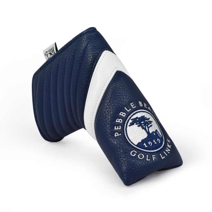 Navy blue golf club blade head cover with white stripe and 'Pebble Beach Golf' branding on a white background