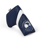 Navy blue golf club blade head cover with white stripe and 'Pebble Beach Golf' branding on a white background