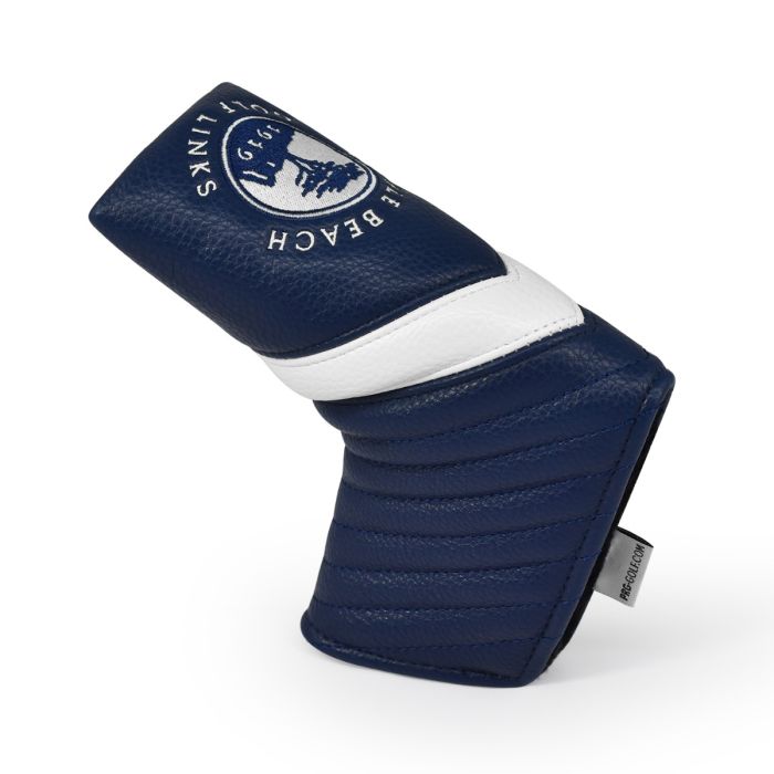 Navy blue golf club blade head cover with white stripe and 'Pebble Beach Golf' branding on a white background