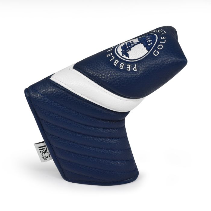 Navy blue golf club blade head cover with white stripe and 'Pebble Beach Golf' branding on a white background