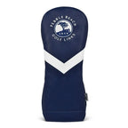 Navy blue golf driver club head cover with a white stripe and a pebble beach golf links logo on a white background