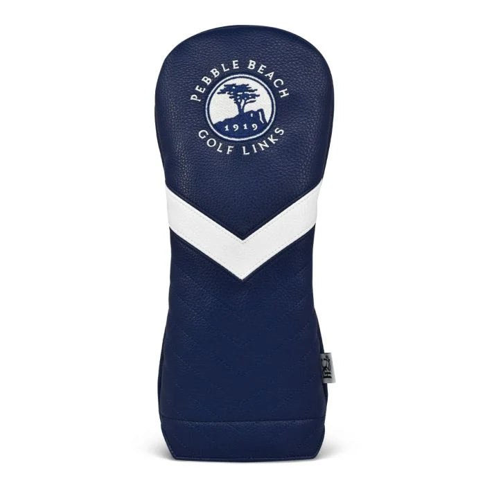 Navy blue golf driver club head cover with a white stripe and a pebble beach golf links logo on a white background