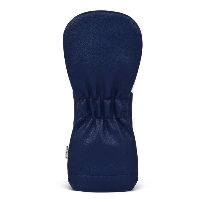 Navy blue golf club driver head cover on a white background