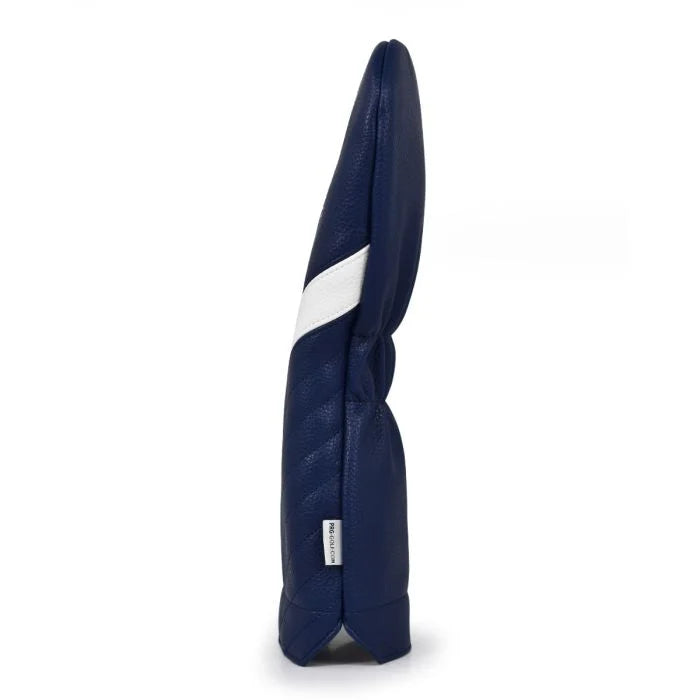 Navy blue golf driver club head cover with a white stripe on a white background