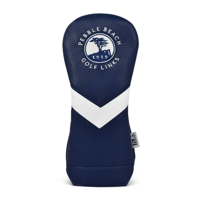 Navy blue golf fairway club head cover with a white stripe and a pebble beach golf links logo on a white background
