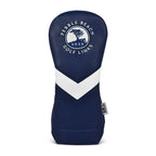 Navy blue golf fairway club head cover with a white stripe and a pebble beach golf links logo on a white background