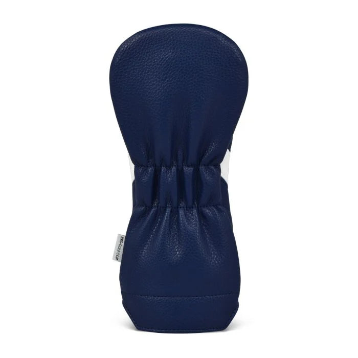 Navy blue golf fairway club head cover with a white stripe on a white background