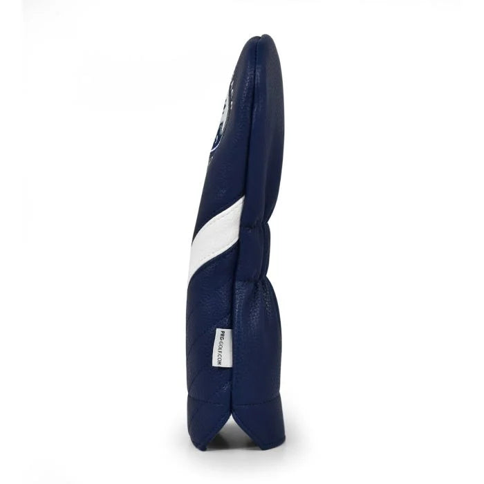 Navy blue golf fairway club head cover with a white stripe on a white background