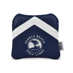 Navy blue golf mallet putter head cover with a white stripe on and a pebble beach logo on a white background