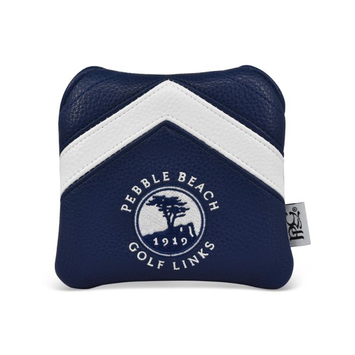 Navy blue golf mallet putter head cover with a white stripe on and a pebble beach logo on a white background