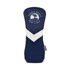 Navy blue golf driver club head cover with a white stripe and a pebble beach golf links logo on a white background